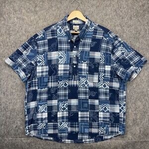 J Crew Indian Madras Popover Shirt Men's XXL Patchwork Indigo Dye Patchwork Blue
